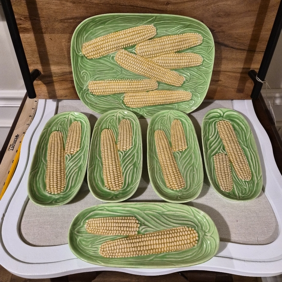 Vintage Majolica Corn Dishes With Platter 6 pc Set - Picture 1 of 9